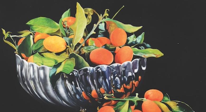 Pedro Diego Alvarado-Rivera, Reflejos de Naranjas Chinas, 2024, Oil on linen, 36.61 x 42.32 in, 93 x 107.5 cm
