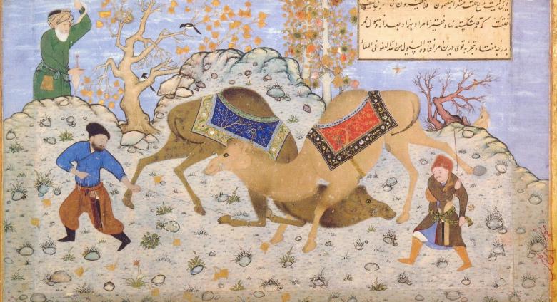 Kamal al-Din Behzad, Camel Fight, Between 1525 and 1560. Golestan Palace Library. License