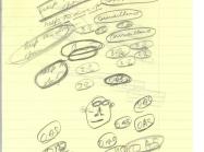 Features many repeated words, each circled. Also an arrow and a face. 