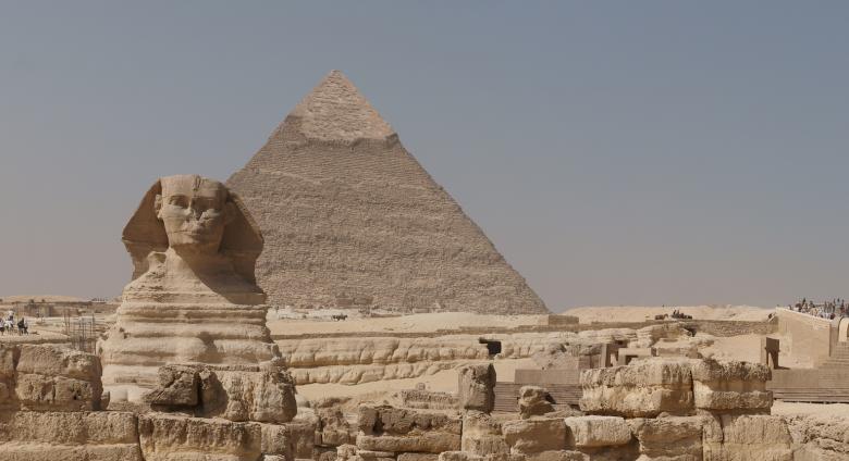 Panorama of the Great Sphinx of Giza, Khafre's Pyramid and Pyramid of Cheops.