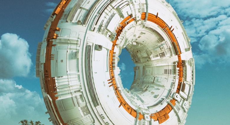 Digital artwork by Mike Winkelmann showing a giant white and orange torus with greebles in a barren landscape that also features a tree and a man approaching the torus. One of the images used in Everydays: The First 5000 Days by Mike Winkelmann (known professionally as Beeple). License