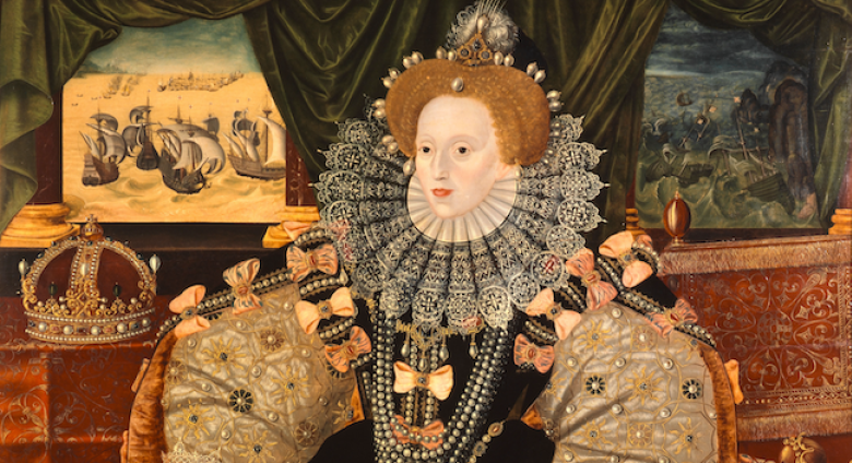 Unknown English artist, Armada Portrait, 1588. Oil on oak panel, 52.3 x 105cm (205/8 x 413/8in). Woburn, Bedfordshire, England, Woburn, Abbey